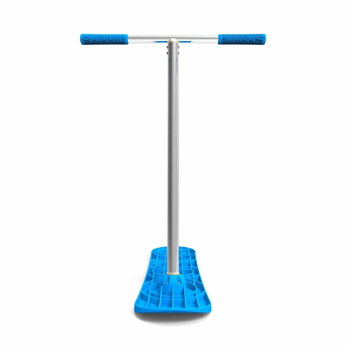 The INDO Snowscoot Complete Snow Scooter in Blue Snow, resembling a pro stunt scooter with blue handles and a wide base, is shown upright against a white background.