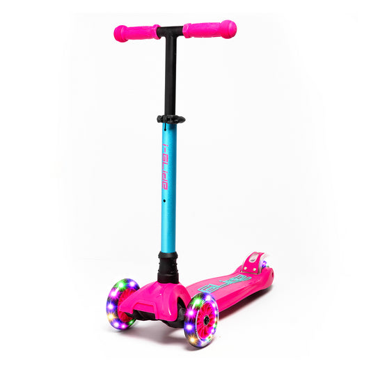 Introducing the I-Glide 3-Wheel LED Kids Scooter, featuring a vibrant design with three wheels. The front two are equipped with colorful LED lights for an exciting ride. This scooter is crafted by I-Glide and includes a pink adjustable handlebar, ensuring your child’s comfort as they grow. The deck is adorned with aqua accents against a clean white backdrop, providing a delightful aesthetic.