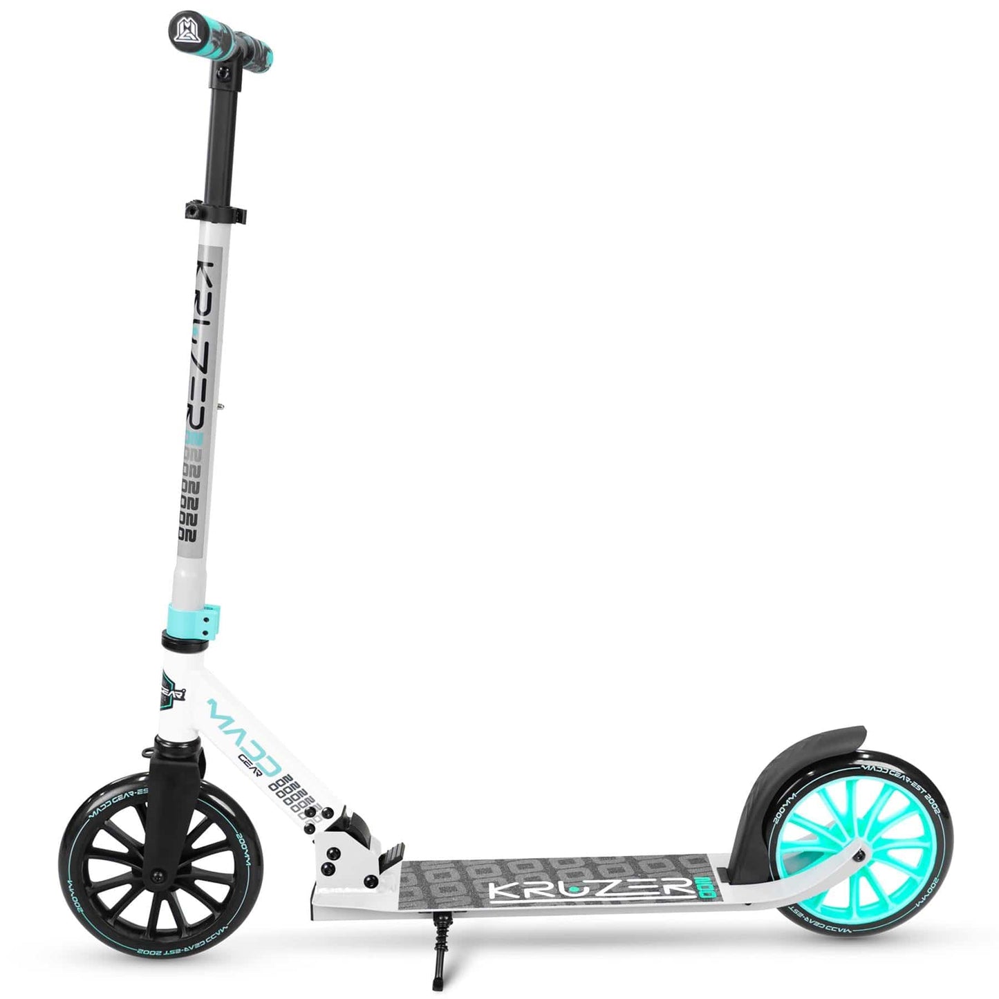 The Madd Gear MGP Carve Kruzer V2-200 Commuter Foldable Scooter features a stylish design in grey and teal. It comes equipped with large wheels that illuminate with teal lights, an adjustable handlebar for a customized fit, and a textured foot deck for added grip. Its foldable structure includes a kickstand, ensuring convenient storage wherever your travels take you.