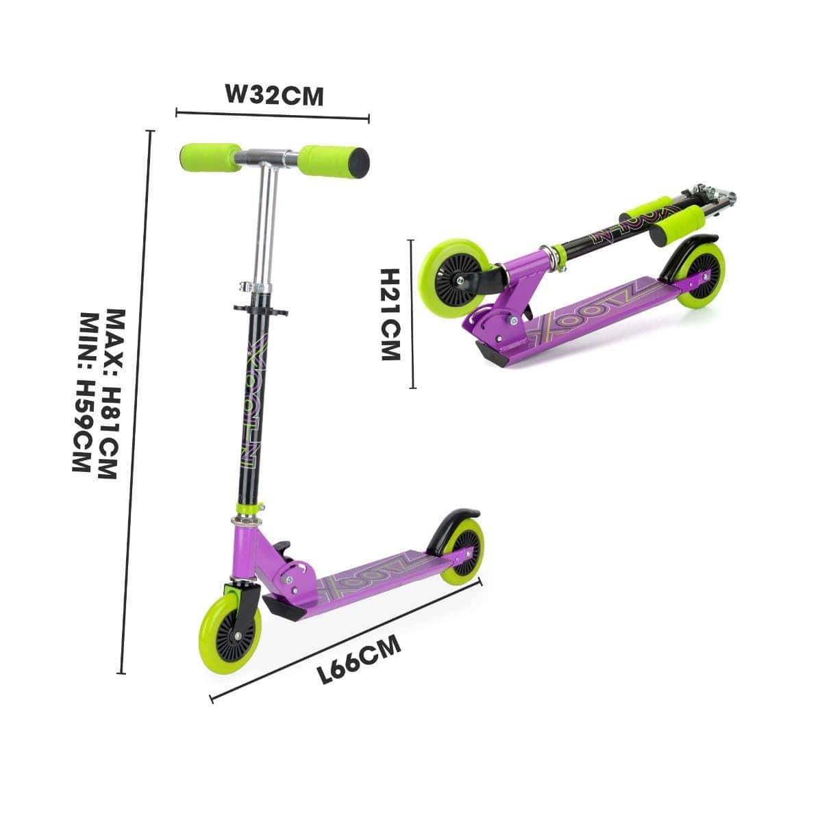 The Xootz Atom Foldable Kids Scooter - Purple, designed with a lightweight frame, is displayed in two configurations: fully extended and folded. It features adjustable handlebars and measures 81 cm in height, 66 cm in length, and 32 cm in width when extended. Once folded, its compact height is merely 21 cm.