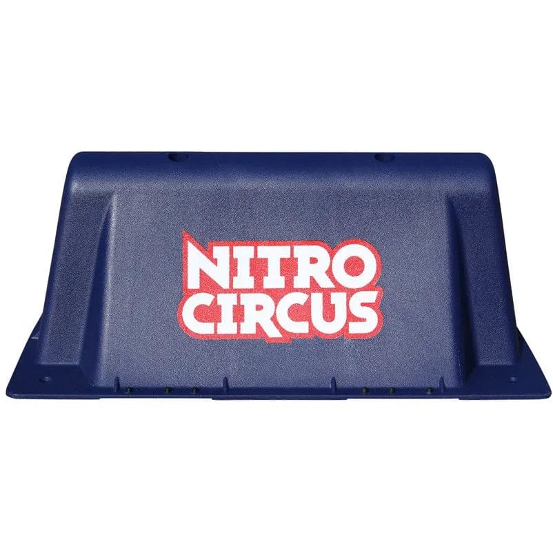 The Nitro Circus Mini Launch Ramp is emblazoned with the brand's logo in white and red on its side. Designed for extreme sports, this robust and portable ramp provides both mobility and durability for adventure enthusiasts.