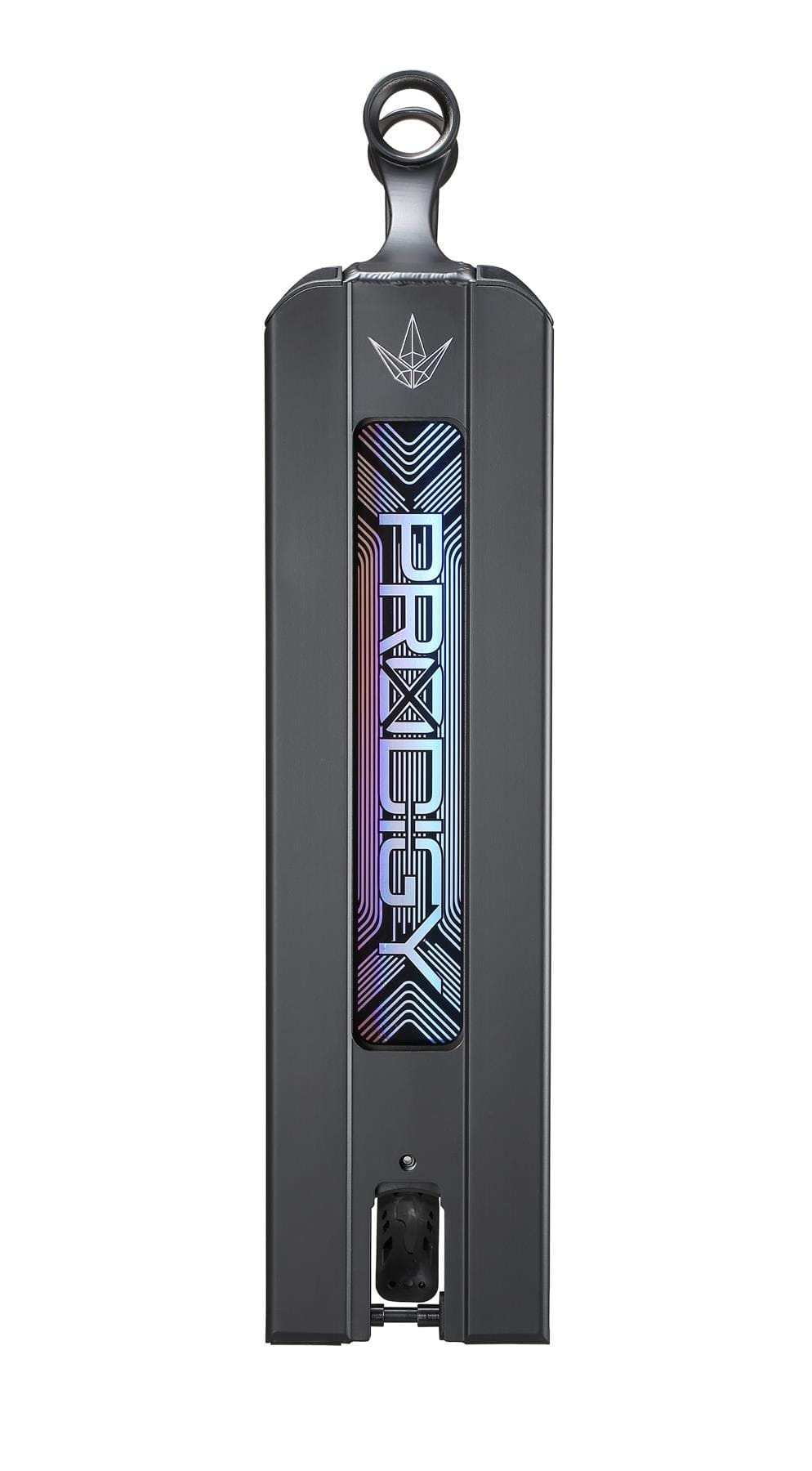 A close-up of a rectangular electric scooter battery in dark green, featuring a handle on top and the text "PRADEX" against a colorful design, draws inspiration from the innovative Blunt Envy Prodigy X Street Black Stunt Scooter Deck. The charging port is visible at the bottom.