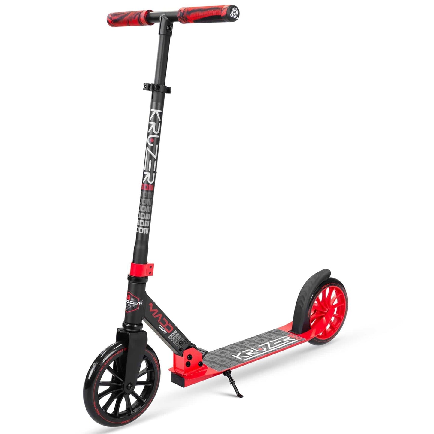 Introducing the Madd Gear MGP Carve Kruzer V2-200, a black and red commuter foldable scooter featuring large wheels, a sturdy T-bar handle, and a convenient kickstand. The deck prominently showcases the brand name "KRUZER" in bold letters.