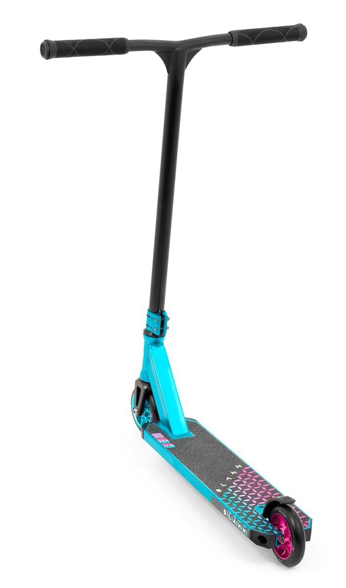 A stylish Slamm Assault Complete Stunt Scooter in blue, featuring black handlebars and an alloy deck with a vibrant geometric pattern. The 110mm aluminum wheels complement the blue shade, designed for performing tricks and stunts while exuding a modern, minimalist look.