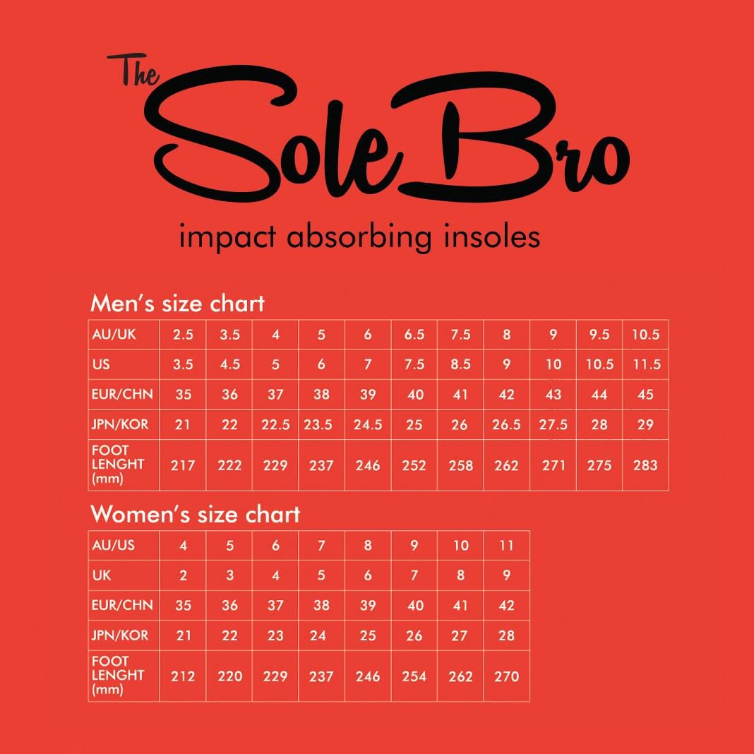 Shoe size chart for GAIN Protection SoleBros Insoles - Dropbear on a red background. Ideal for freestyle scooter riders, it includes sizes in AU/UK, US, EUR/CHN, and JPN/KOR as well as foot lengths in mm ranging from 217 to 295 for men and 212 to 283 for women, ensuring maximum impact energy absorption.