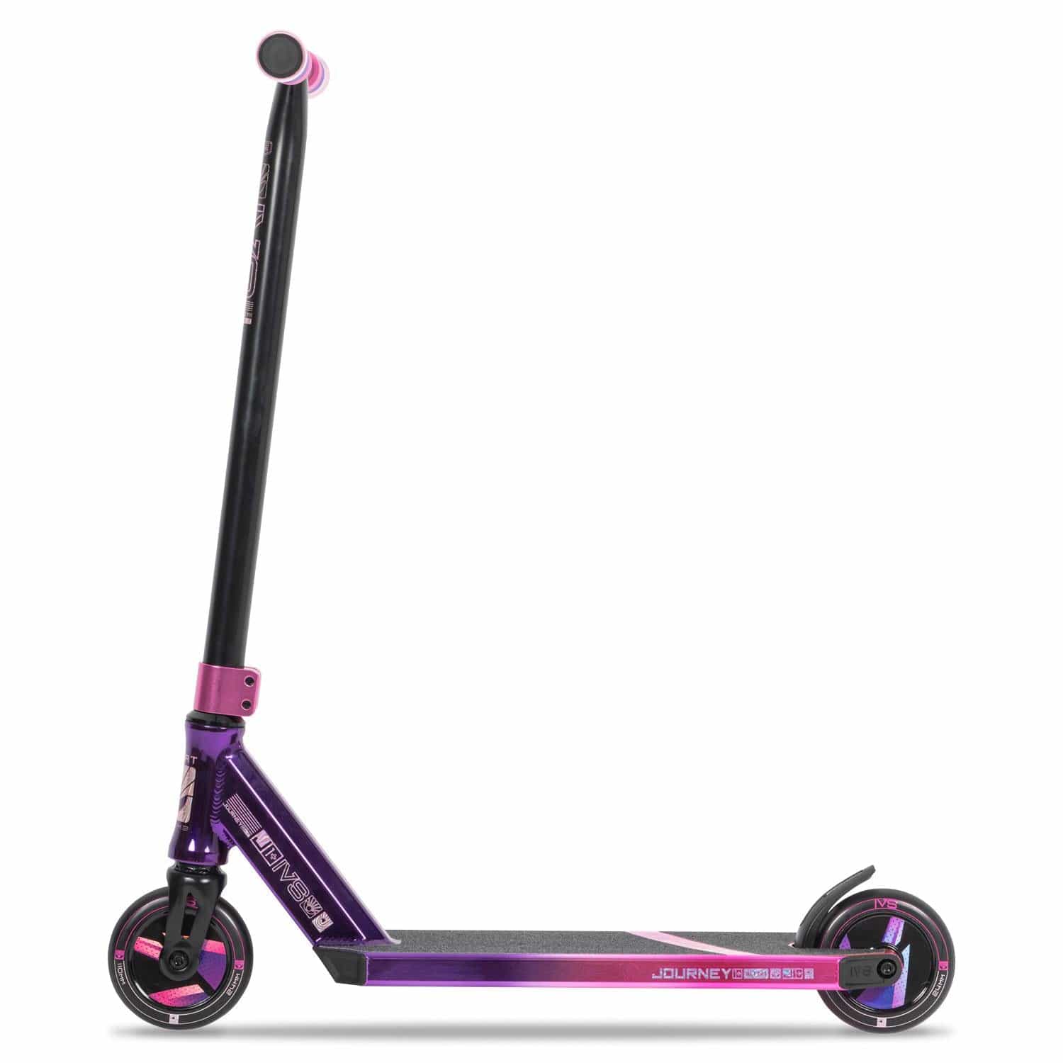 Get ready for skatepark action with the Invert Supreme Journey 1+ Mini Jamie Hull Stunt Scooter, boasting a sleek Tri Electro Pink and Purple design. The scooter features black handlebars and high-quality components, including color-coordinated small wheels. The deck is adorned with graphic designs and text for a modern, stylish appearance.