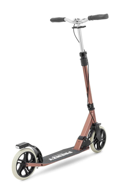 The Frenzy 205mm Dual Brake V4 Foldable Commuter Scooter - Bronze is a stylish scooter featuring a foldable metallic frame and large black and white wheels. It offers a convenient cable folding system, handlebars with grips, and a textured deck for standing.