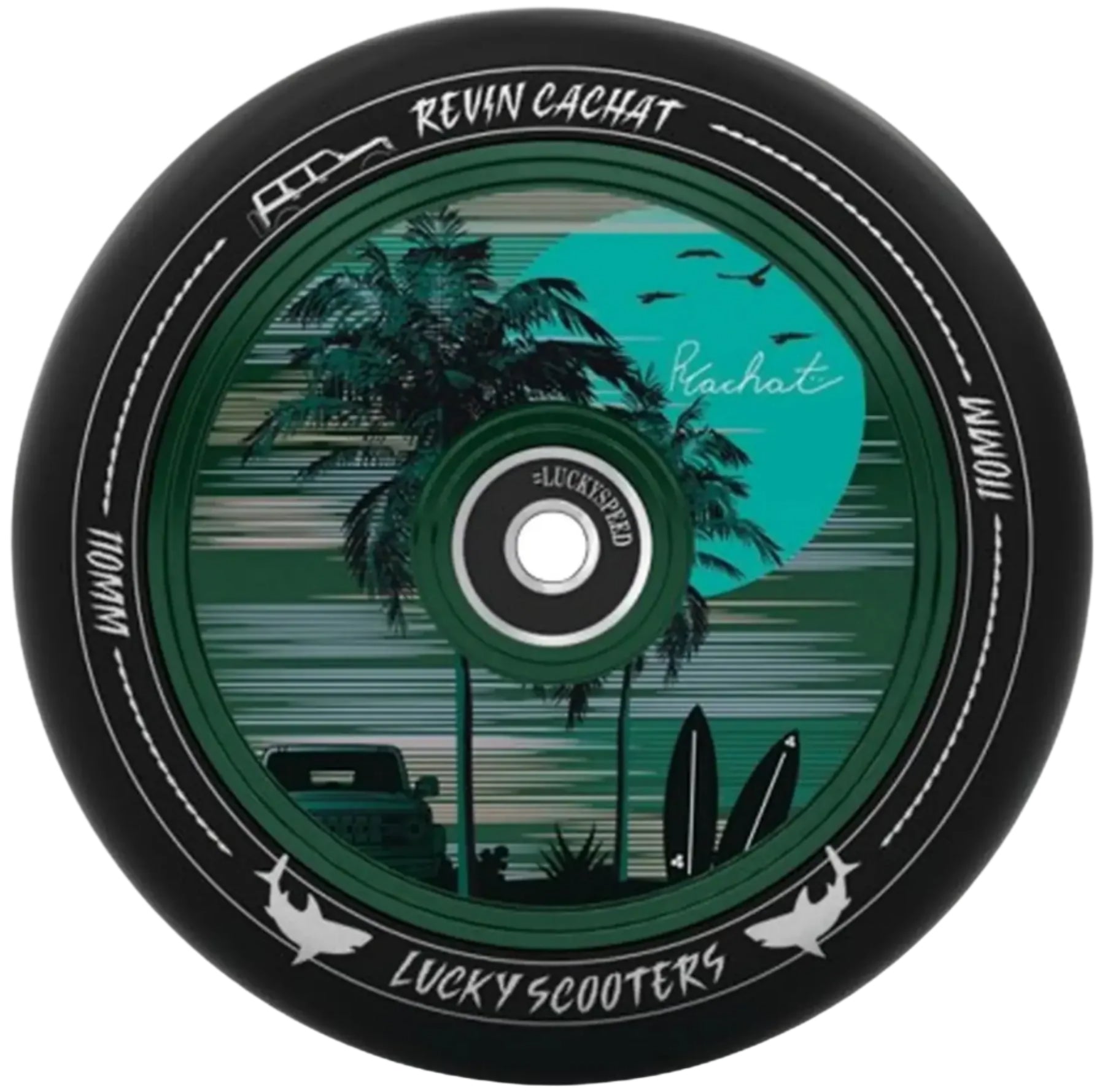 The Lucky Lunar 110mm Stunt Scooter Wheel - Revin Signature V1 from Lucky features a black wheel with a tropical design, showcasing palm trees, birds, a car, and surfboards on green stripes. It includes "Revin Cachart," "Lucky Scooters," and uses Lucky Rebound Technology.