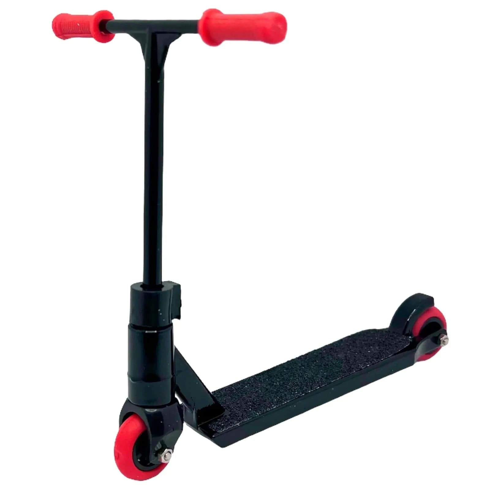 Introducing the Finger Whips Finger Toy Scooter, a black scooter with striking red handles and wheels, ideal for performing Finger Whips in extreme sports. Its sleek, minimalist design and black deck make it perfect for children or teens. Set against a plain white background, this scooter invites creativity and adventure.