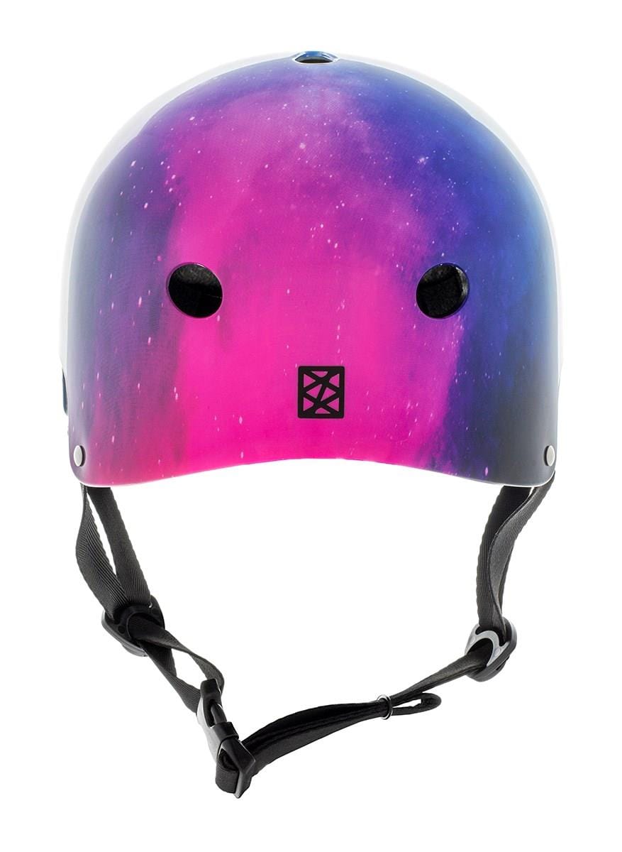 The Slamm Logo Skate / Scooter Helmet - Nebula is a striking, space-themed accessory ideal for scooter riders. Featuring pink, purple, and blue tones, it comes with two large ventilation holes and an adjustable chin strap, ensuring maximum protection while adhering to EN1078 safety standards.