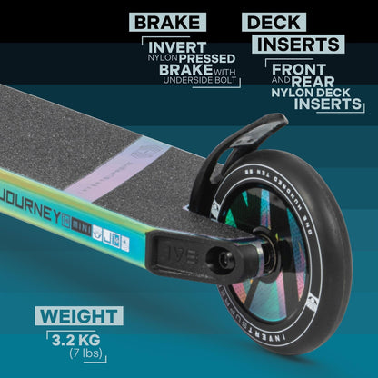 Close-up of the back wheel and deck of the Invert Supreme Journey 1+ Mini Jamie Hull Stunt Scooter - Oil Slick. It features an inverted nylon pressed brake with an underside bolt, front and rear nylon deck inserts, and high-quality components. Weighing only 3.2 kg (7 lbs), this scooter is perfect for skatepark action.