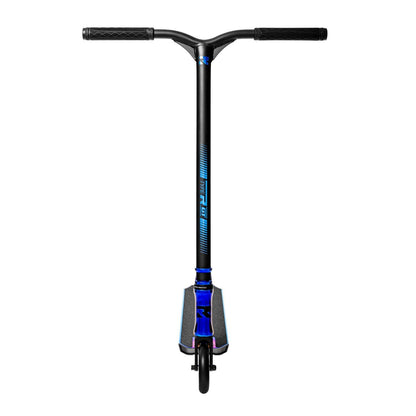 The Root Industries Type R GT Complete Stunt Scooter - Blu-Ray is displayed from the front, showcasing its T-shaped handlebar with rubber grips. The deck features blue accents, and a single black front wheel is visible as it stands upright against a white background.