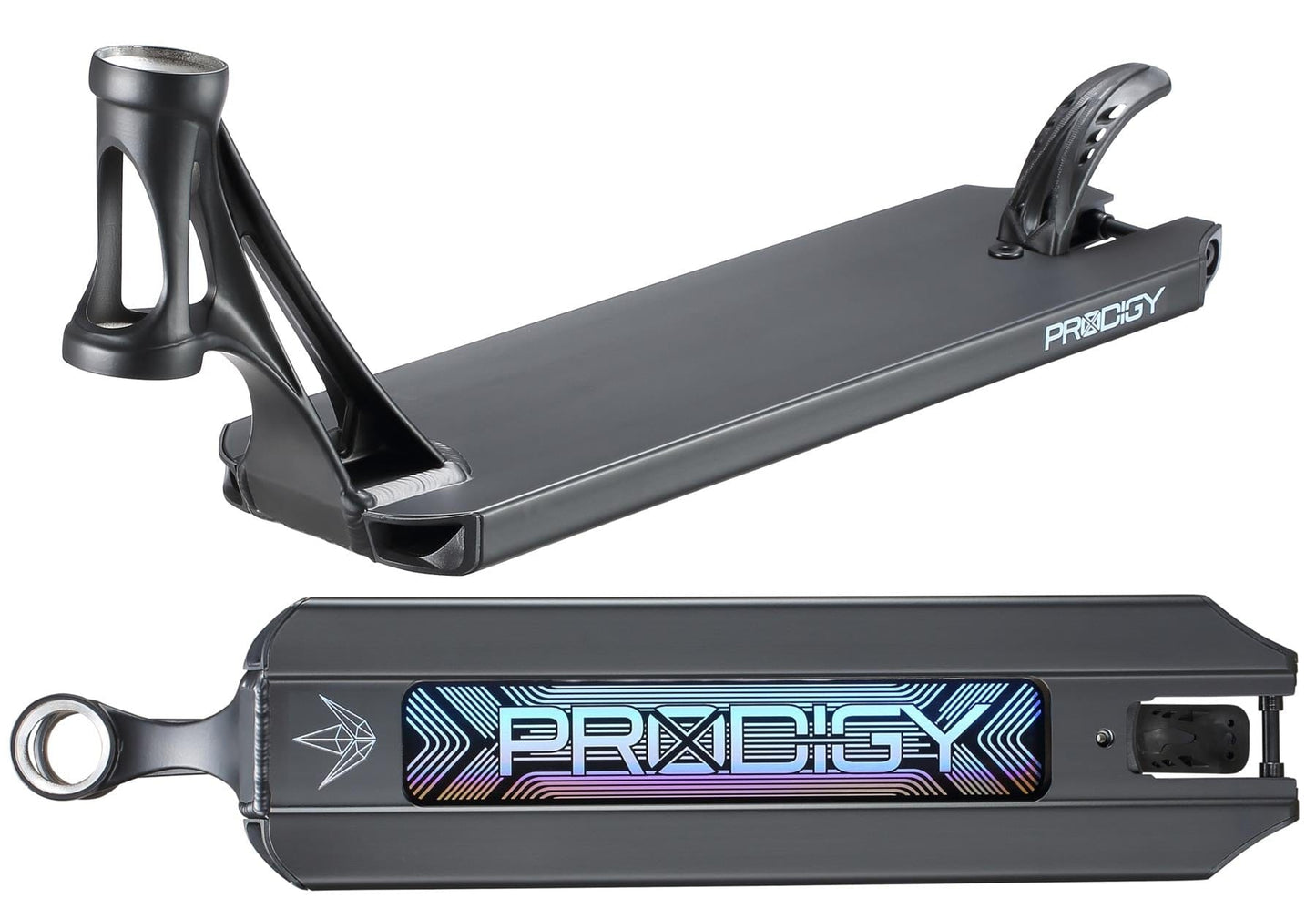 The Blunt Envy Prodigy XS Black Stunt Scooter Deck features a sleek, futuristic design with a minimalist black top and an underside embellished with a vibrant geometric pattern and the word "PRDGY" prominently displayed, making it ideal for those looking for premium aftermarket parts from Blunt Envy.