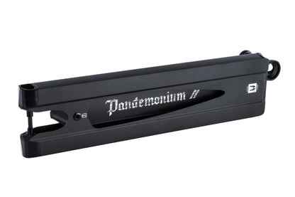 The Ethic DTC Pandemonium V2 Boxed Black Stunt Scooter Deck is a sleek black deck measuring 5.5" x 21.3", featuring "Pandemonium" in stylish white lettering and a logo on one end.