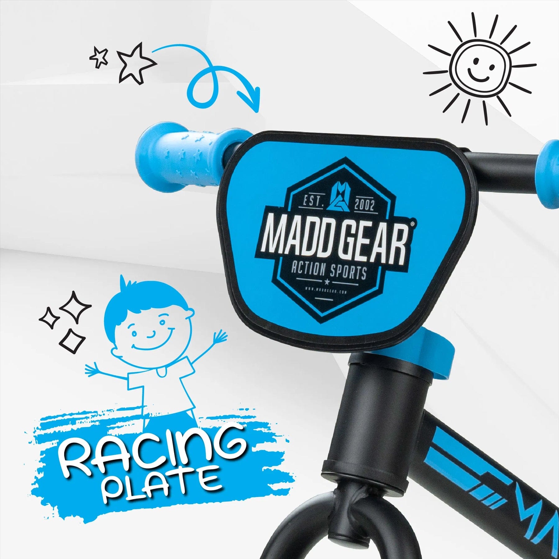 The Madd Gear My 1st BMX Balance Bike in black and blue features a racing plate with the "MADD GEAR ACTION SPORTS" logo, blue handlebar grips, playful illustrations of a child, stars, and sun. It has an adjustable seat and airless tires for smooth rides.