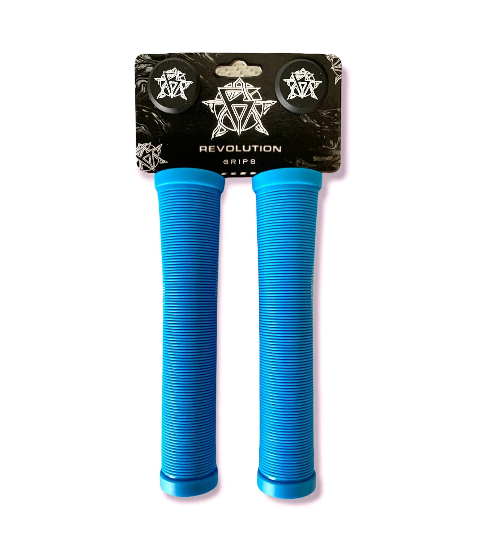 The Revolution Blue Stunt Scooter Grips - 172mm, perfect for stunt scooters, come in "Revolution" packaging. Made from durable TPR material and textured for an improved grip, the packaging is embellished with a logo accented by stylized stars.