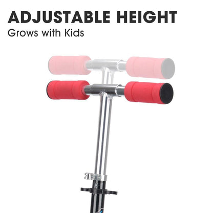 The image highlights the handlebar of the Xootz Electron Foldable Kids Scooter - Blue, featuring an adjustable height suitable for children. Its lightweight design ensures that kids can enjoy smooth rides as they grow. The handlebars are shown in different positions with red grips and the text "Adjustable Height - Grows with Kids.