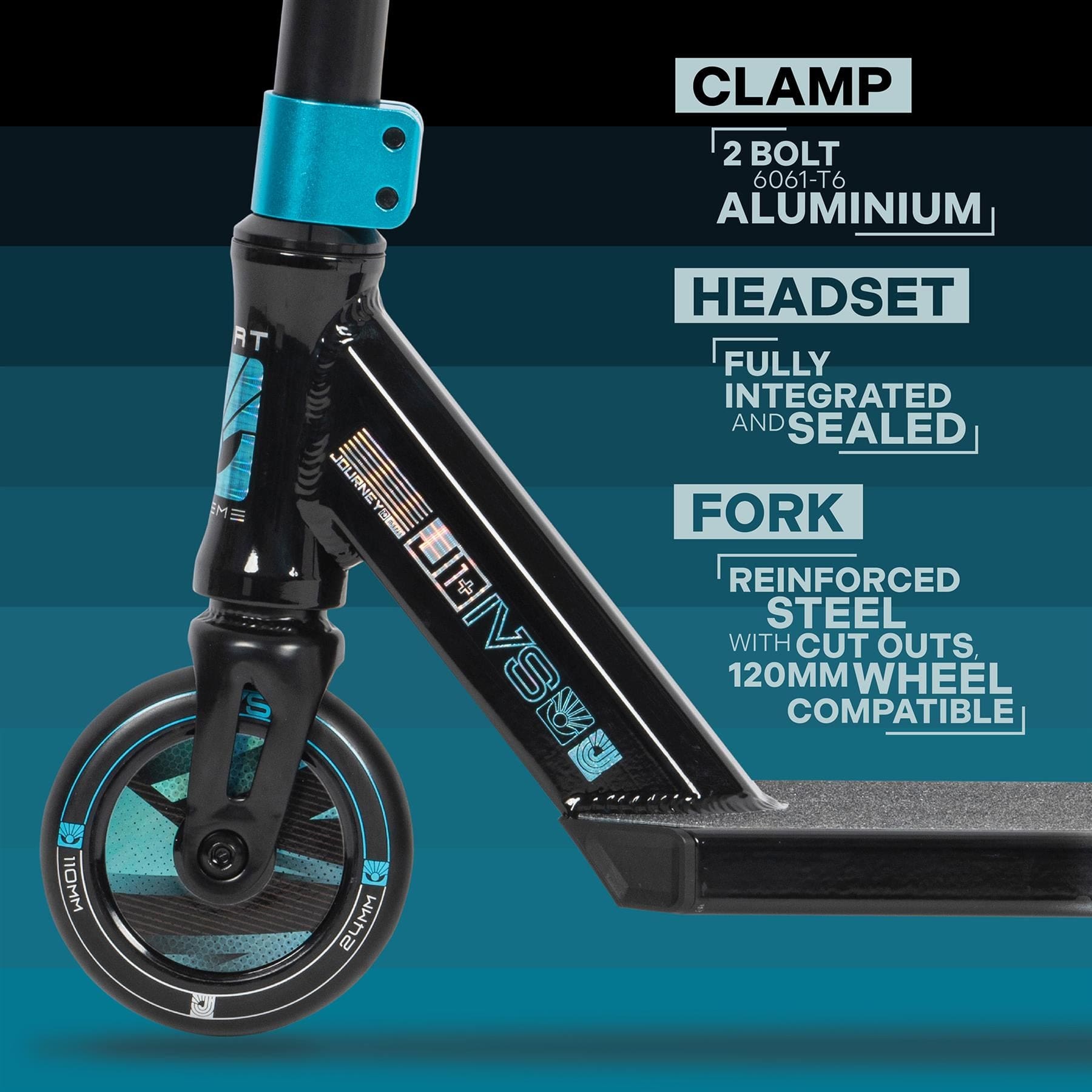 Close-up of the Invert Supreme Journey 1+ Mini Jamie Hull Stunt Scooter's front section, showcasing its high-quality components: an aluminum clamp with two bolts, a fully integrated and sealed headset, a reinforced steel fork with cutouts, and compatibility with 120mm wheels. Ideal for skatepark action, this scooter features a striking tri electro teal and black color scheme.