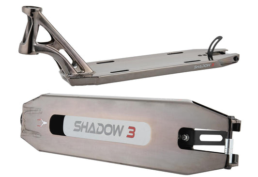 Image of two Drone Shadow 3 Feather-Light Smoked Chrome Stunt Scooter Decks. One deck displays the metal framework and wheel mounts from the side, while the other showcases top graphics and design of this responsive 4.9" x 18" deck.