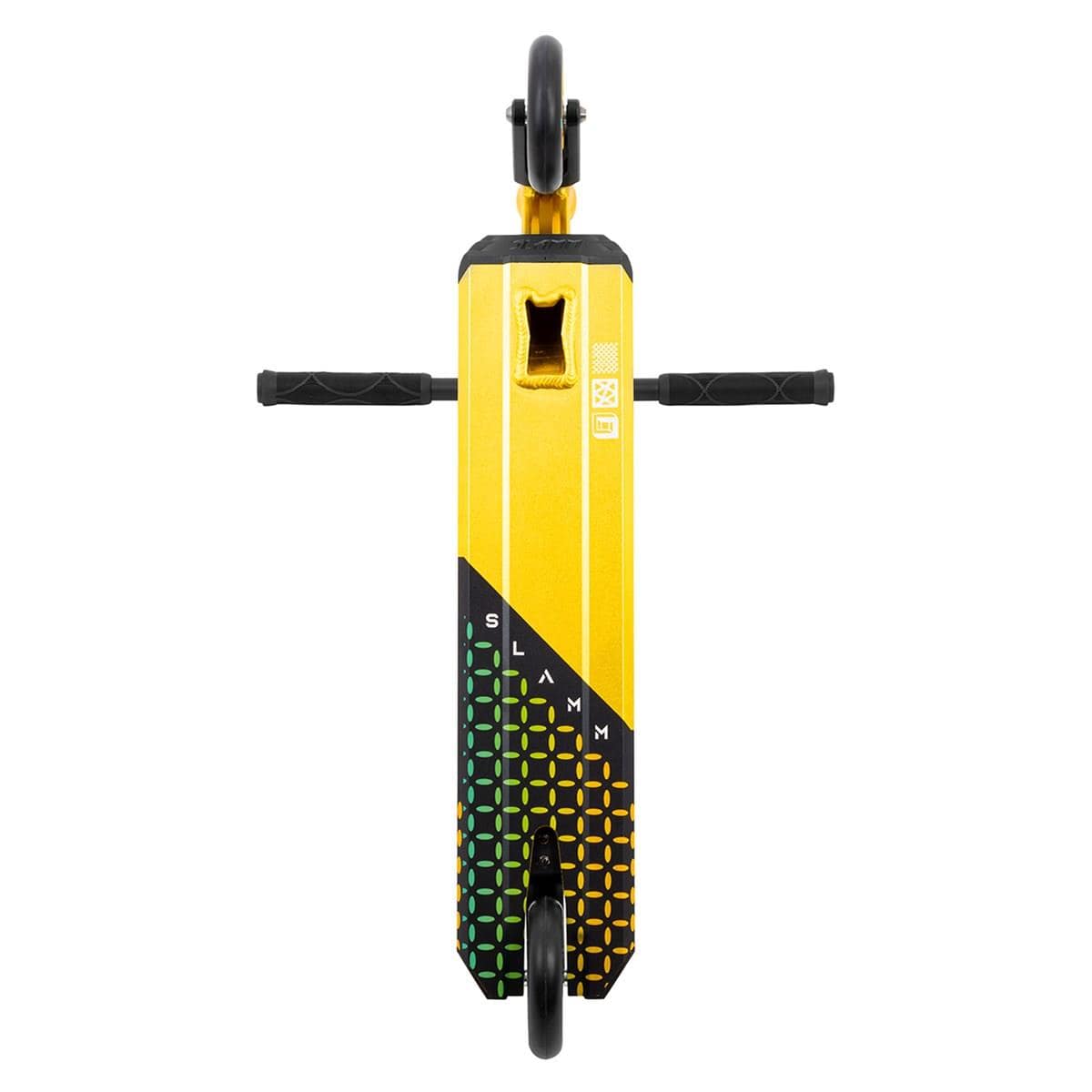 Aerial view of the Slamm Assault Complete Stunt Scooter - Gold, showcasing its vibrant yellow, black, and green alloy deck with eye-catching geometric patterns and the word "SLAM." This scooter features two stylish 110mm aluminium wheels and horizontal handlebars.