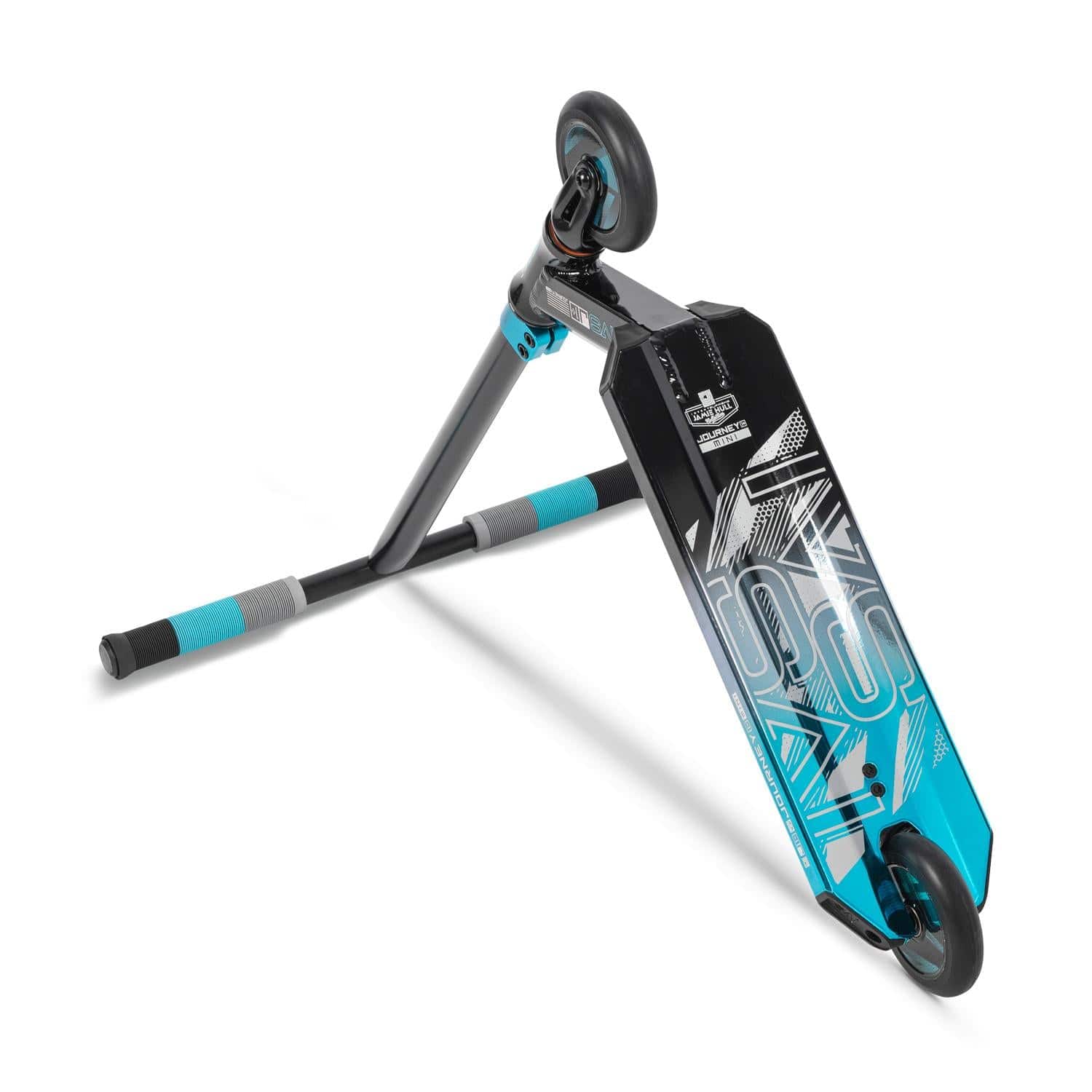 The Invert Supreme Journey 1+ Mini Jamie Hull Stunt Scooter in Tri Electro Teal and Black features a graphic deck design. Crafted with high-quality components, it offers handle grips accented in teal. Ideal for the skatepark, it is shown resting on its side with handlebars touching the ground.