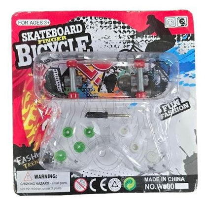 The packaging of the Finger Skateboard Toy - Various Colours by Skates.co.uk showcases a lively graffiti design. Equipped with small wheels and a mini screwdriver, this set is ideal for true fingerboarding enthusiasts. Suitable for ages 3 and up, it includes a cautionary note regarding small parts. Made in China, model number N°: W800.