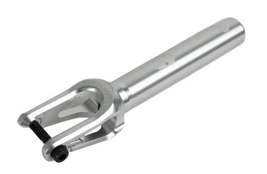 The Supremacy Spartan SCS/HIC Stunt Scooter Forks - Chrome are expertly crafted by Supremacy using high-grade aluminum, delivering lightweight performance. This chrome scooter fork features a sleek cylindrical design with two prongs, each equipped with an attachment hole, and a bolt at the base for secure assembly.