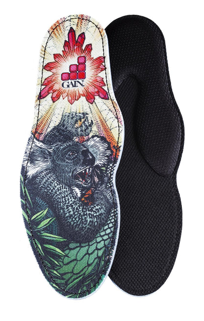 The GAIN Protection SoleBros Insoles - Dropbear are ideal for BMX and MTB enthusiasts. One insole features a vibrant crowned, roaring koala surrounded by leaves and a red flower, while the other is solid black for a more understated look.