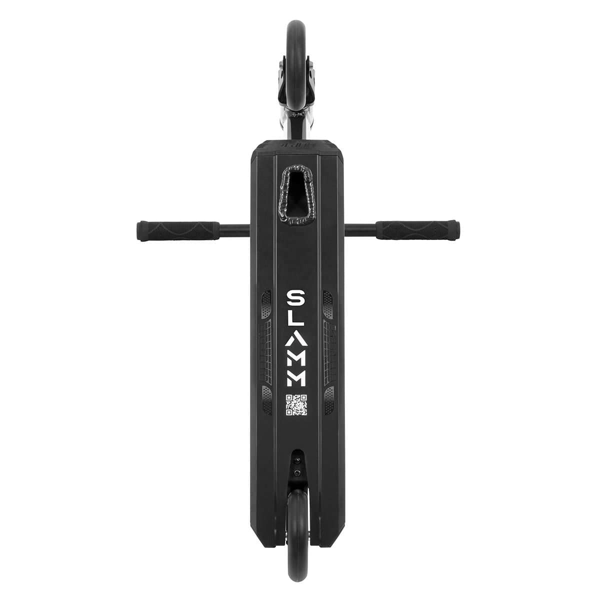 A top view of the Slamm Classic Complete Stunt Scooter in black highlighting its handlebars and deck, adorned with the brand name "SLAMM" in white text. The scooter's 110mm front and back alloy wheels can be seen, as well as its impact-resistant bar ends, emphasizing its sleek design.