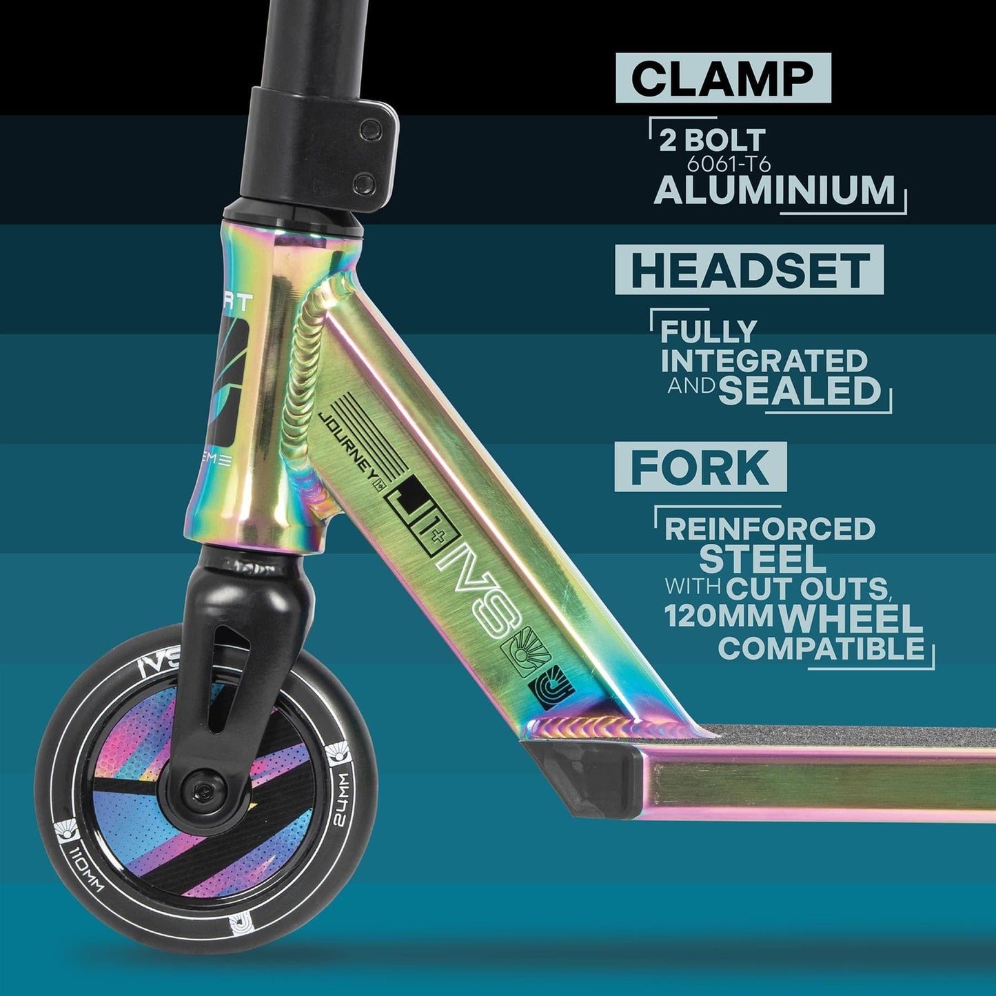 Discover the Invert Supreme Journey 1+ Jamie Hull Stunt Scooter - Oil Slick in vivid detail, featuring its multicolored design. The close-up highlights a robust 2-bolt aluminum clamp, a fully integrated headset, and a reinforced steel fork compatible with both 120mm and 110mm hollowcore wheels. Set against a gradient blue background with descriptive text.