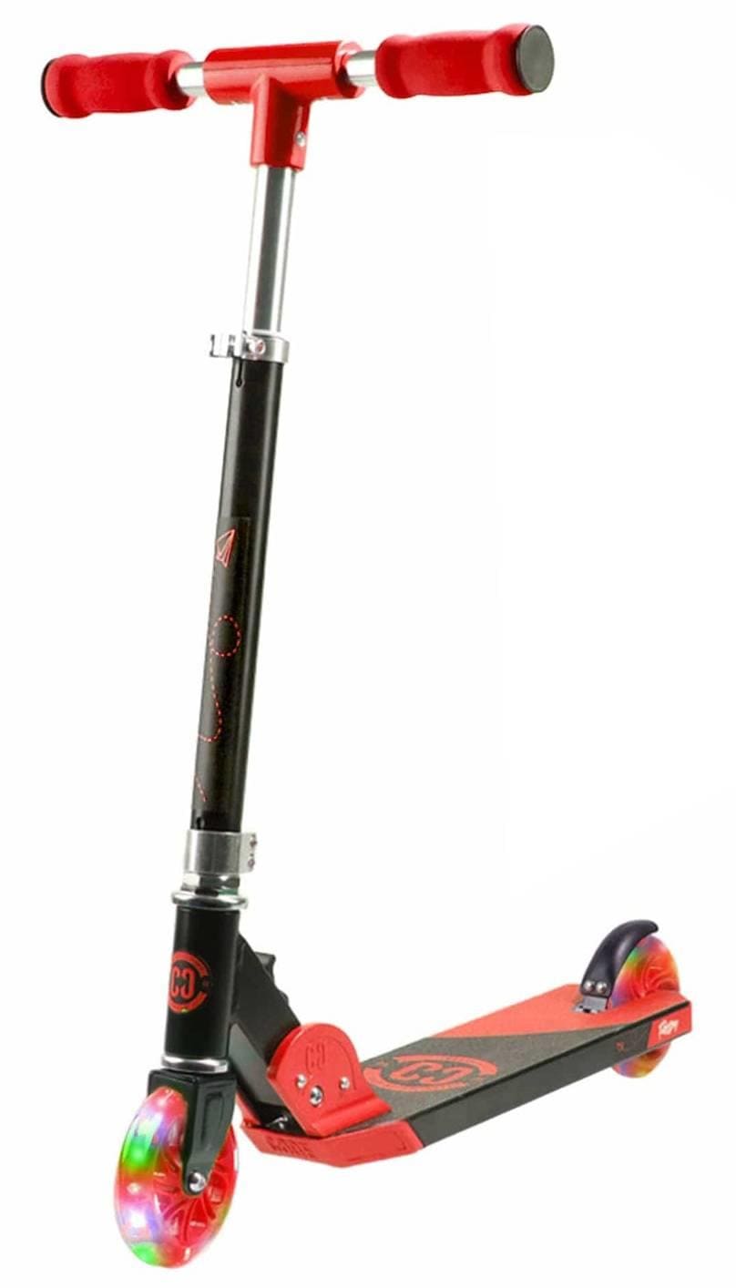 Introducing the CORE Foldy Kids LED Foldable Scooter in Black and Red by CORE. This scooter boasts an adjustable handlebar with padded grips for a comfortable ride. The front wheel is equipped with colorful light-up LED wheels, enhancing the vibrant riding experience.