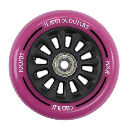 The Slamm Nylon Core 100mm Stunt Scooter Wheel in pink comes with a durable nylon core and ABEC 9 bearings. It includes a black inner hub featuring the white text "Slamm Scooters," "100mm," "Nylon," and "88A." The hub is also designed with circular cutouts for a sleek appearance.