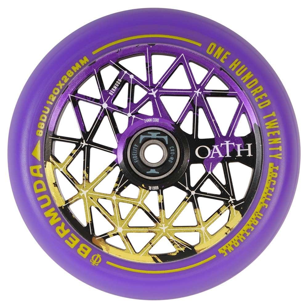 Introducing the Oath Bermuda 120mm Stunt Scooter Wheel, featuring a striking purple color and a complex black and gold geometric core design. Equipped with high-grade Oath Fidelity bearings for optimal performance, it prominently displays "Bermuda" and "Oath" in bold yellow text around its corrosion-resistant rim.