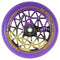 Introducing the Oath Bermuda 120mm Stunt Scooter Wheel, featuring a striking purple color and a complex black and gold geometric core design. Equipped with high-grade Oath Fidelity bearings for optimal performance, it prominently displays "Bermuda" and "Oath" in bold yellow text around its corrosion-resistant rim.