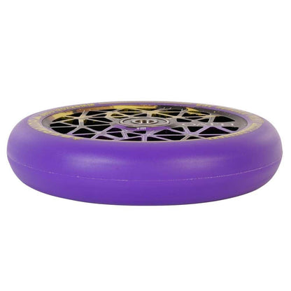 Close-up of the Oath Bermuda 120mm Stunt Scooter Wheel featuring a round, plastic design in purple with a striking black and yellow geometric pattern. Engineered for performance, it offers corrosion resistance comparable to high-grade Oath Fidelity bearings, ensuring durability during use.