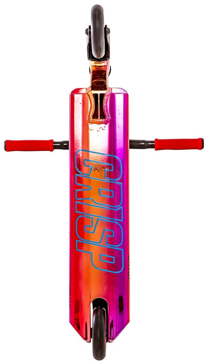 A top view of the Crisp Switch 2020 Complete Stunt Scooter, featuring vibrant red handles and an aluminum deck with a striking chrome purple to orange gradient. The brand name "Crisp" is prominently displayed in blue on the deck.