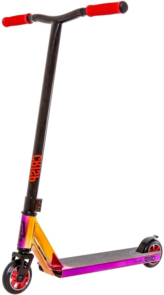 The Crisp Switch 2020 Complete Stunt Scooter by Crisp showcases a visually striking design with Chromoly Steel Bars featuring black handlebars and red grips. Its vibrant orange and purple aluminum deck is complemented by a black front wheel and rear wheel, both designed for expert tricks and high-performance riding.