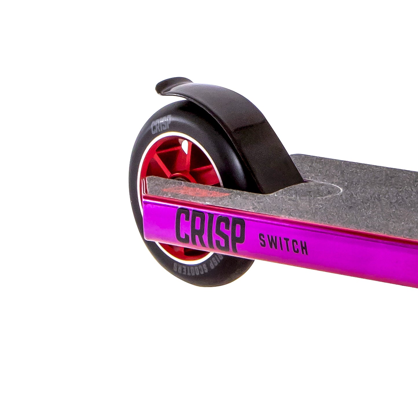 Close-up of the "Crisp Switch 2020 Complete Stunt Scooter" in chrome purple, showcasing a black rear wheel with red spokes and a strong black fender. The aluminum deck features a textured grip surface, emphasizing the robust design of the rear section.