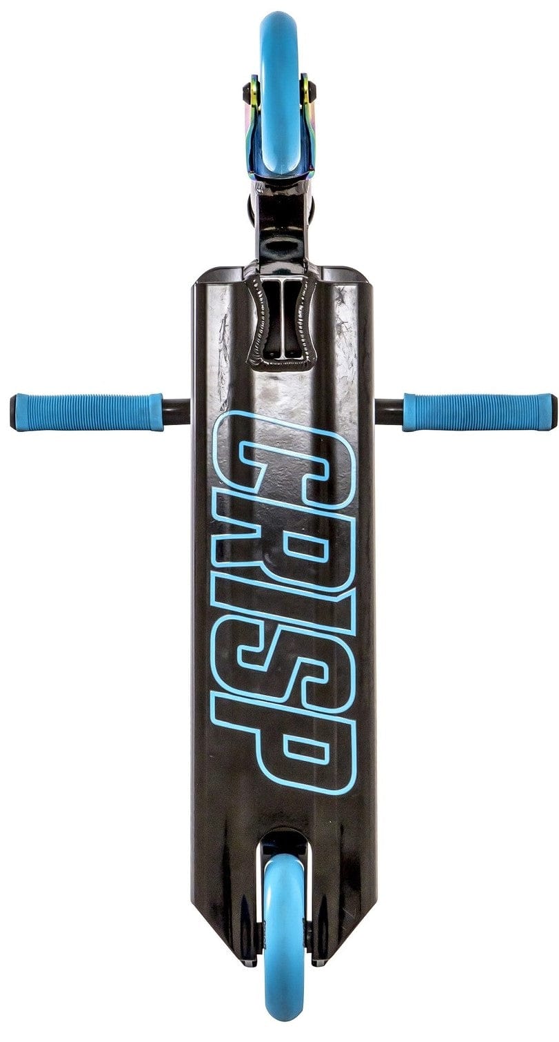 The Crisp Switch 2020 Complete Stunt Scooter in Black and Blue showcases a sleek aluminium deck prominently displaying the "CRISP" logo. Its Chromoly Steel bars, paired with light blue handlebars and wheels, create a striking contrast that underscores its sleekness and style.