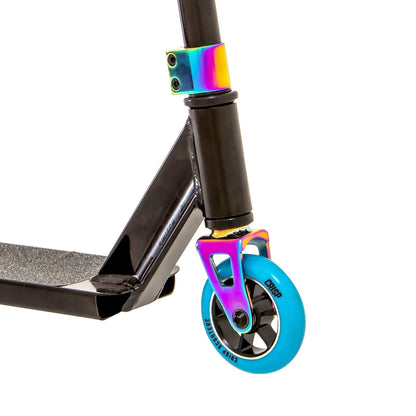 Close-up of the Crisp Switch 2020 Complete Stunt Scooter by Crisp, featuring an aluminum deck, a vibrant blue front wheel, and a rainbow-colored clamp and fork. The textured grip ensures stability, while the robust chromoly steel bars promise durability.