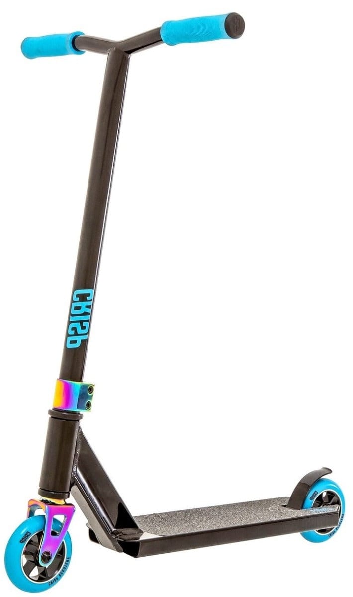 Introducing the Crisp Switch 2020 Complete Stunt Scooter by Crisp, featuring a stylish black frame with eye-catching blue grips and wheels. The multicolored clamp adds to its aesthetic appeal, while the aluminum deck ensures optimal performance for tricks. Built with Chromoly Steel bars, this scooter offers a perfect combination of style and durability.