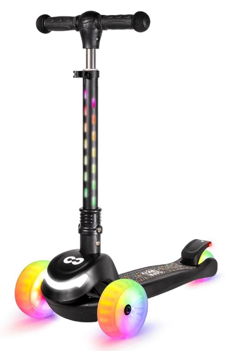 Introducing the CORE Spark 3 Wheel LED Kids Scooter - Black by CORE, designed with a lightweight build and adjustable handlebars for a sturdy ride. This stylish black scooter features three wheels that illuminate in rainbow colors, complemented by a vibrant LED strip on the handlebar stem, making it an ideal choice for children.