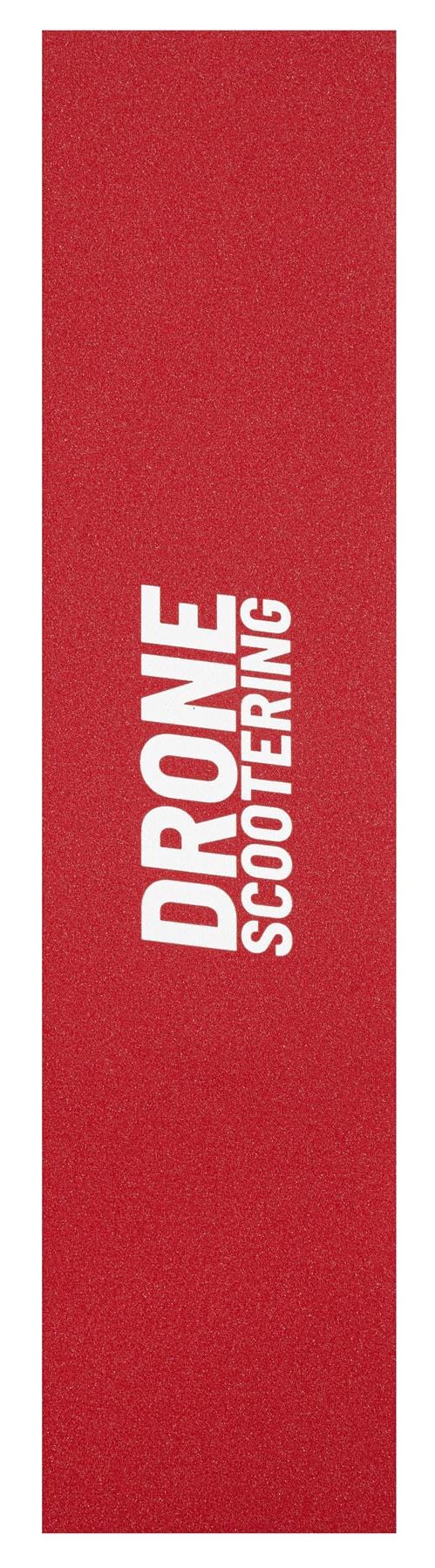 The Drone 'Scootering' Logo Stunt Scooter Griptape in red features bold vertical white text, making it perfect for stunt riders. Its durable design ensures ultimate performance when paired with Drone scooters.