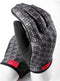 The GAIN Protection Resistance Skate Gloves - Logo by GAIN feature a stylish black design with a gray checkered pattern on the back made from ARMORTEX fabric. These gloves include a black palm, red tags near the wrist, and are touchscreen compatible. Set against a white background, they highlight their sleek and functional design.