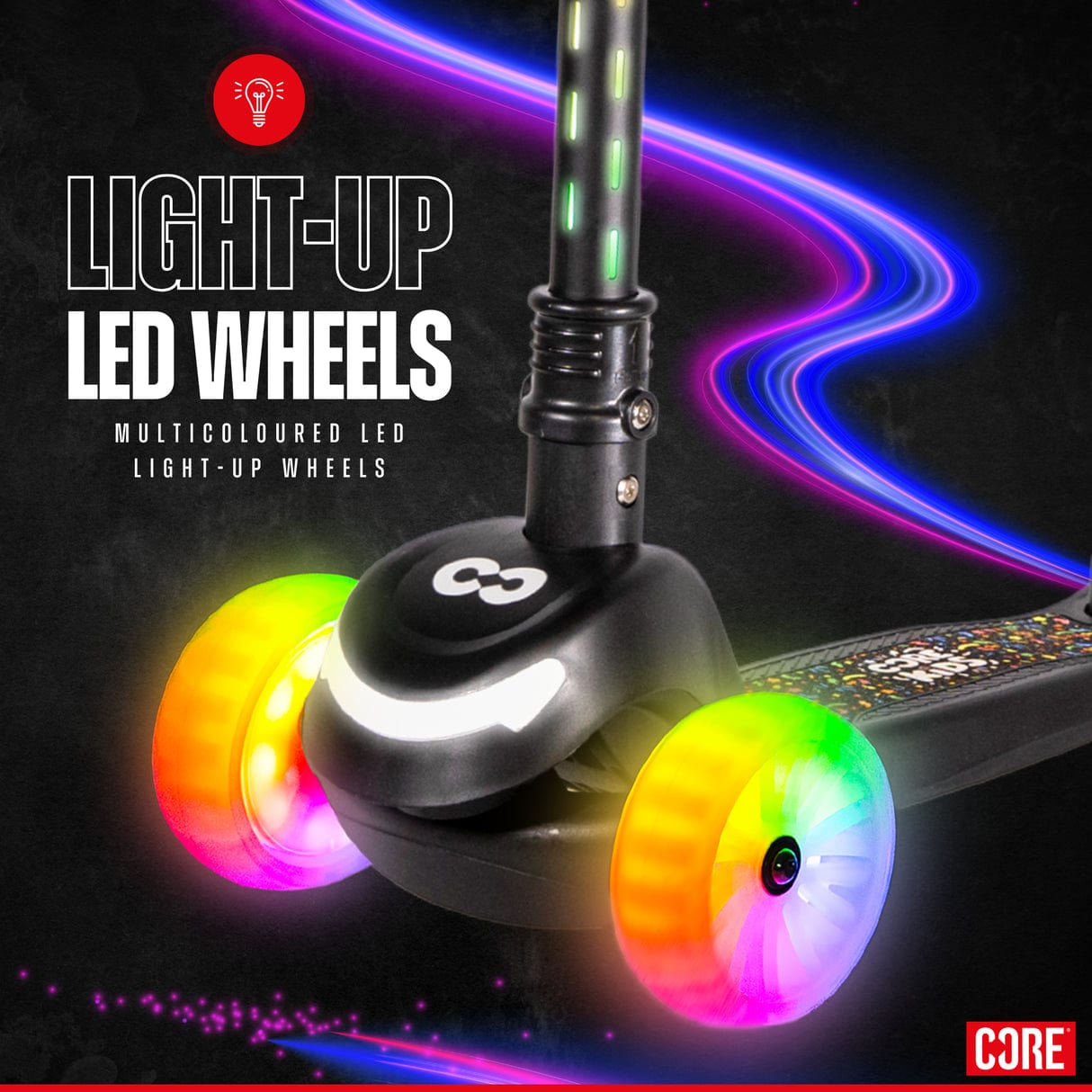 The CORE Spark 3 Wheel LED Kids Scooter - Black features vibrant multicolored LED light-up wheels that stand out against a dark, glowing background. It includes adjustable handlebars for added comfort, with the CORE logo prominently displayed in the bottom right corner and the text "Light-Up LED Wheels" emphasizing its colorful illumination.