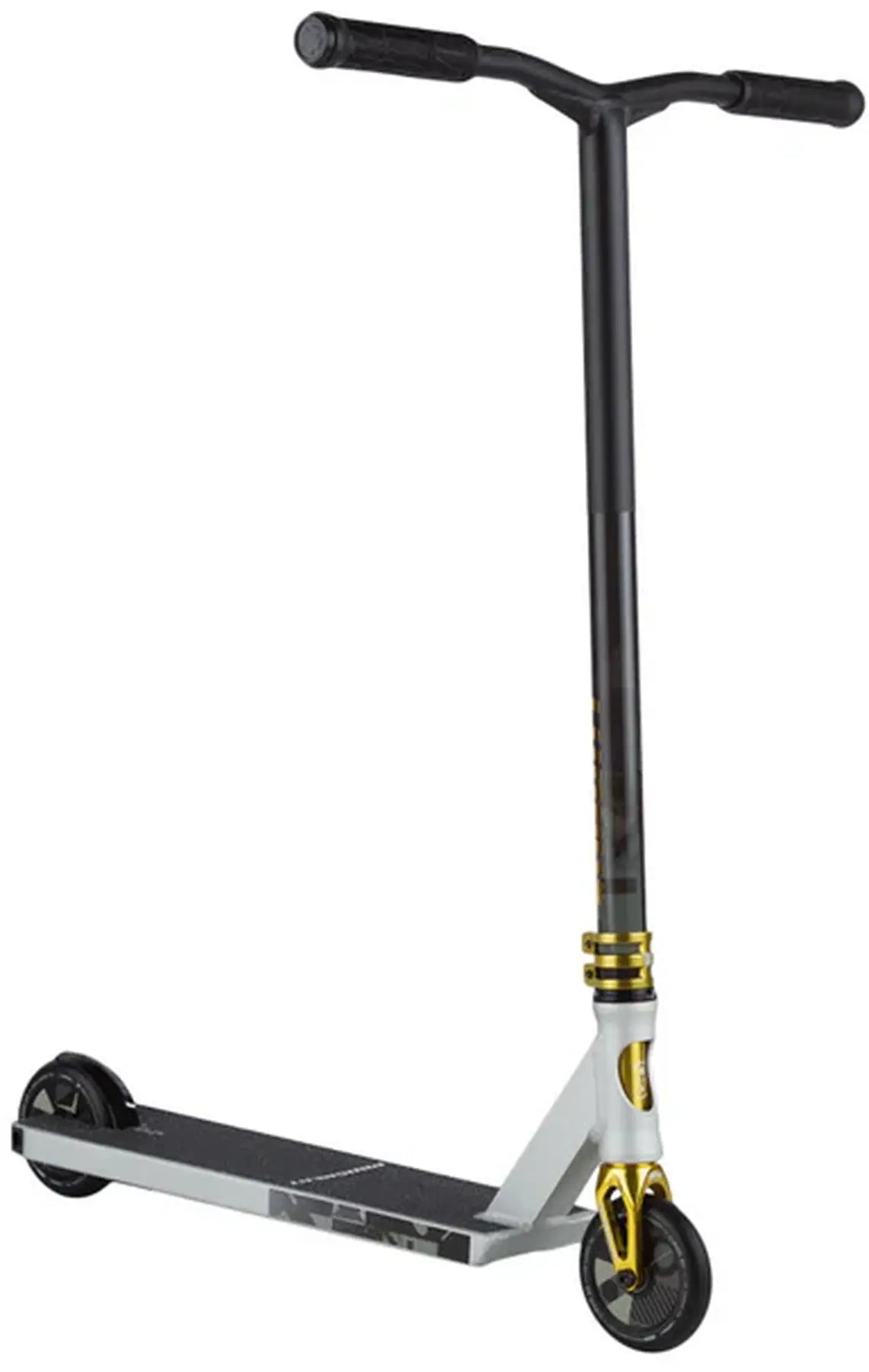 The Lucky Prospect 2025 Complete Stunt Scooter - Talus by Lucky features a sleek black and silver design with gold accents, an aluminum T-shaped handlebar, and two small lunar hollow core wheels, perfect for stylish rides.