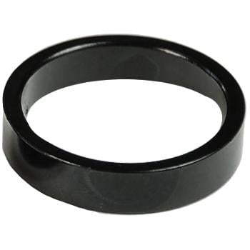 A Universal Scooter Black Headset Spacer - 5mm is showcased against a white background, featuring a black, shiny finish with a flat edge.