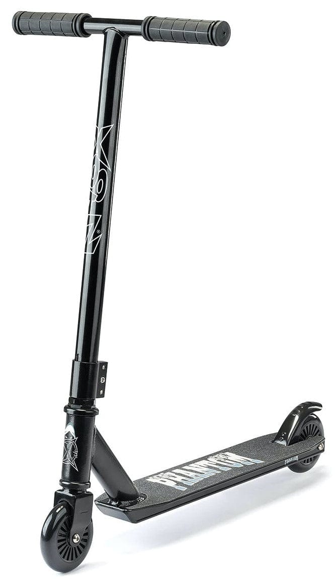 The Xootz Complete Stunt Scooter - Phantom Black is ideal for beginners and features a Y-shaped handlebar with grips and Xootz branding on its durable aluminum construction bar and deck. It includes a sturdy deck, two small wheels, and a dependable rear brake.