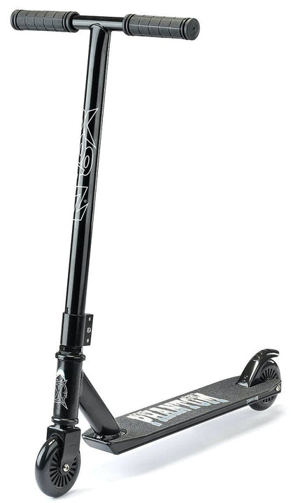 The Xootz Complete Stunt Scooter - Phantom Black is ideal for beginners and features a Y-shaped handlebar with grips and Xootz branding on its durable aluminum construction bar and deck. It includes a sturdy deck, two small wheels, and a dependable rear brake.