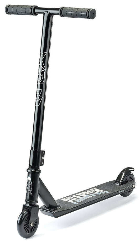 The Xootz Complete Stunt Scooter - Phantom Black is ideal for beginners and features a Y-shaped handlebar with grips and Xootz branding on its durable aluminum construction bar and deck. It includes a sturdy deck, two small wheels, and a dependable rear brake.